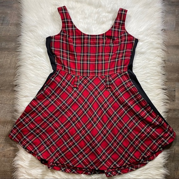 red plaid jumper dress
